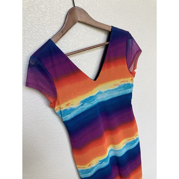 NWT Bold Elements sheer mesh multicolor midi dress size S cap sleeve vneck vacay - Picture 2 of 6